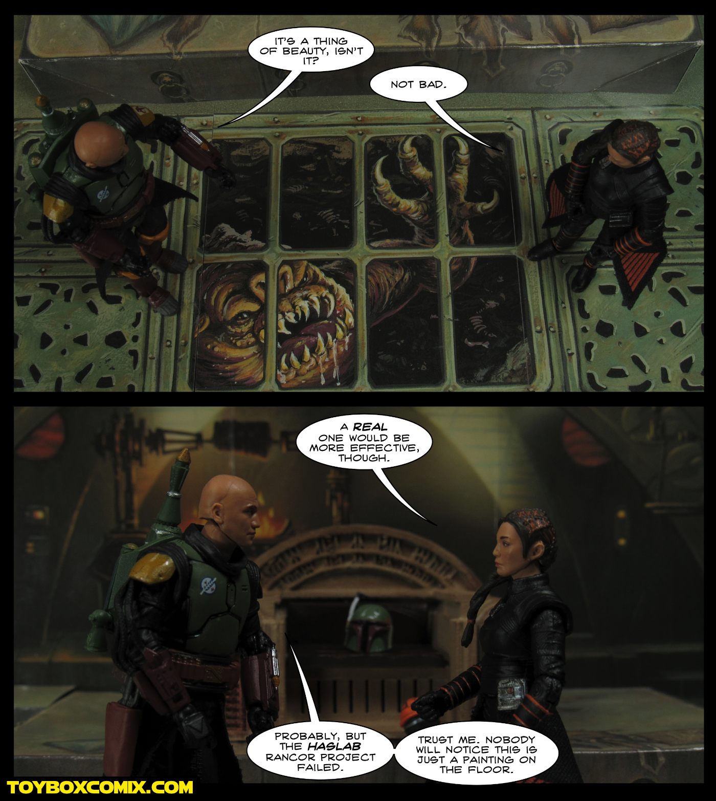 First panel: Boba Fett and Fennec Shand stand over the Rancor pit. Boba: “It’s a thing of beauty, isn’t it?” Fennec: “Not bad.” Second panel: Fennec: “A real one would be more effective, though.” Boba: “Probably, but the Haslab Rancor project failed. Trust me, nobody will notice this is just a painting on the floor.”