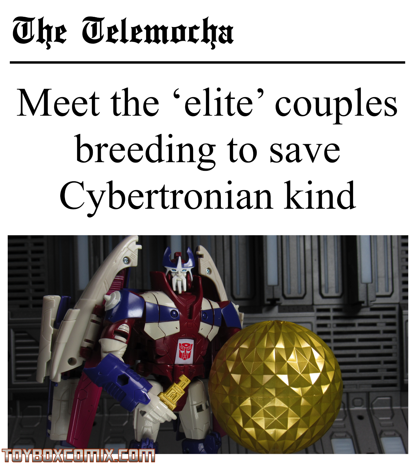 Newspaper title font: “The Telemocha”. Newspaper headline: “Meet the ‘elite’ couples breeding to save Cybertronian kind” followed by a photo of Alpha Trion and Vector Sigma.