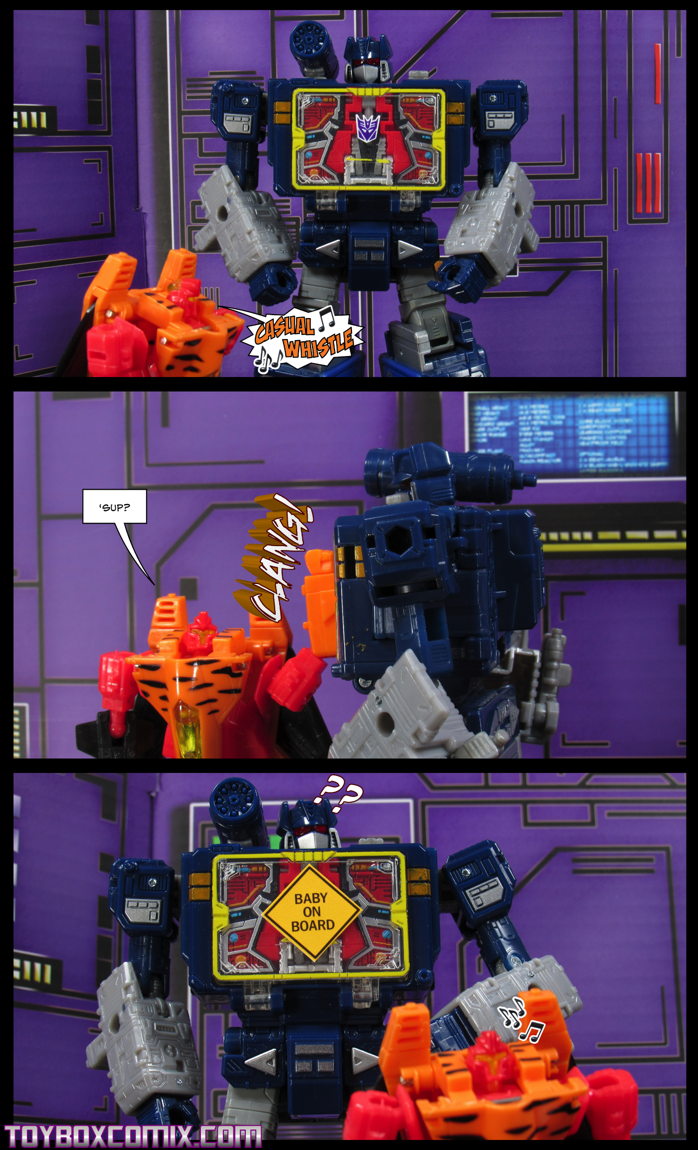 First panel: Hooligan walks in front of Soundwave while casually whistling. Second panel: Hooligan: “’Sup?” as he smacks Soundave on the chest. Third panel: Hooligan walks away whistling. Soundwave has a “Baby On Board” sign stuck to his chest and looks confused.