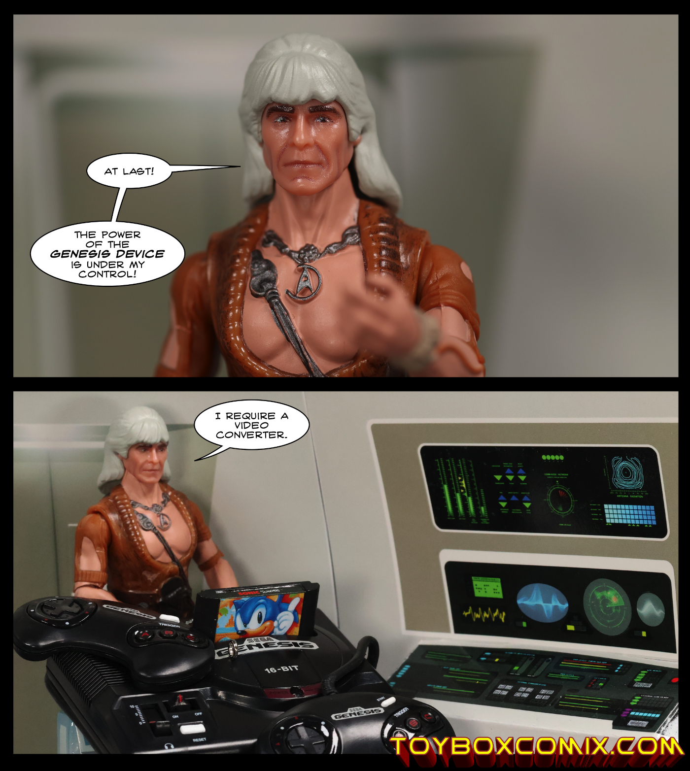 First panel: Khan Noonien-Singh: “At last! The power of the Genesis device is under my control!” Second panel: Khan stands behind a Sega Genesis console next to a bridge console. “I require a video converter.”