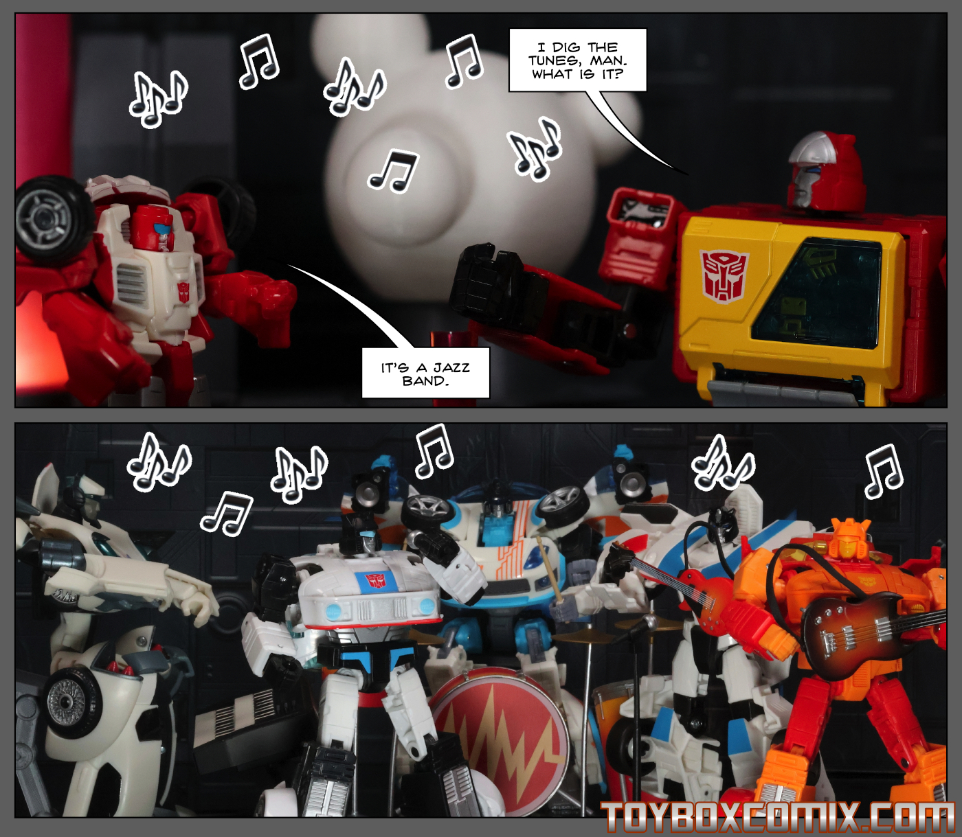 First panel: Blaster: “I dig the tunes, man. What is it?” Swerve: “It’s a jazz band.” Second panel: Five distinct Jazz figures play in a band.