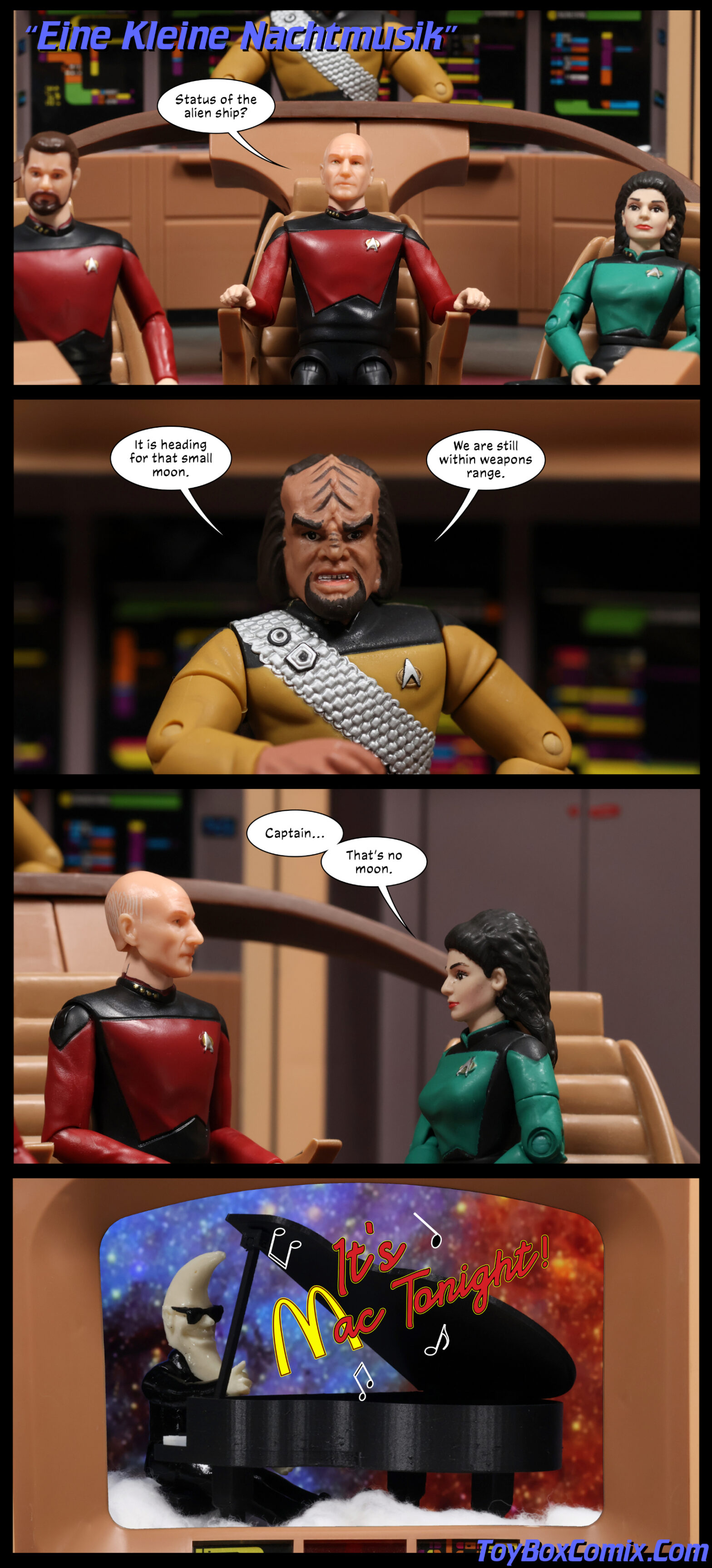 Location: Enterprise-D bridge Panel 1: Star Trek: TNG-style title: “Eine Kleine Nachtmusik.” Picard: “Status of the alien ship?” 2: Worf: “It’s heading for that small moon. We are still within weapons range.” 3: Troi: “Captain…That’s no moon.” 4: On the screen is a humanoid with a moon-shaped head and sunglasses sitting at a grand piano. Music hangs in the air: “It’s Mac Tonight!”